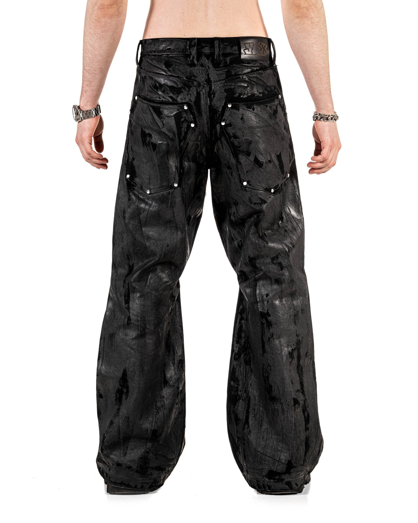 WAXED STUDDED FLARED JEANS