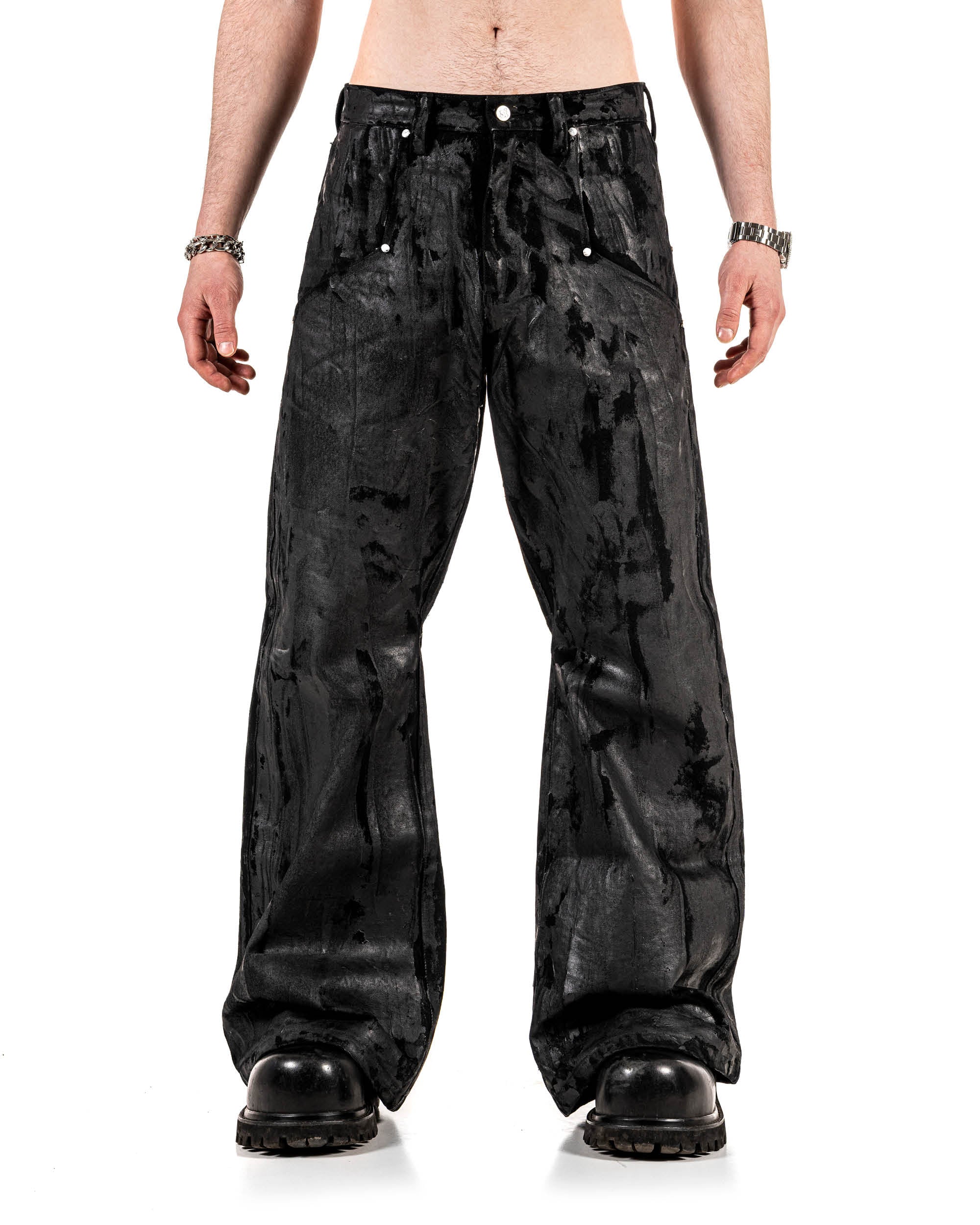 Waxed Studded Flared Jeans | Raw Waxed Denim Flares – YARIK