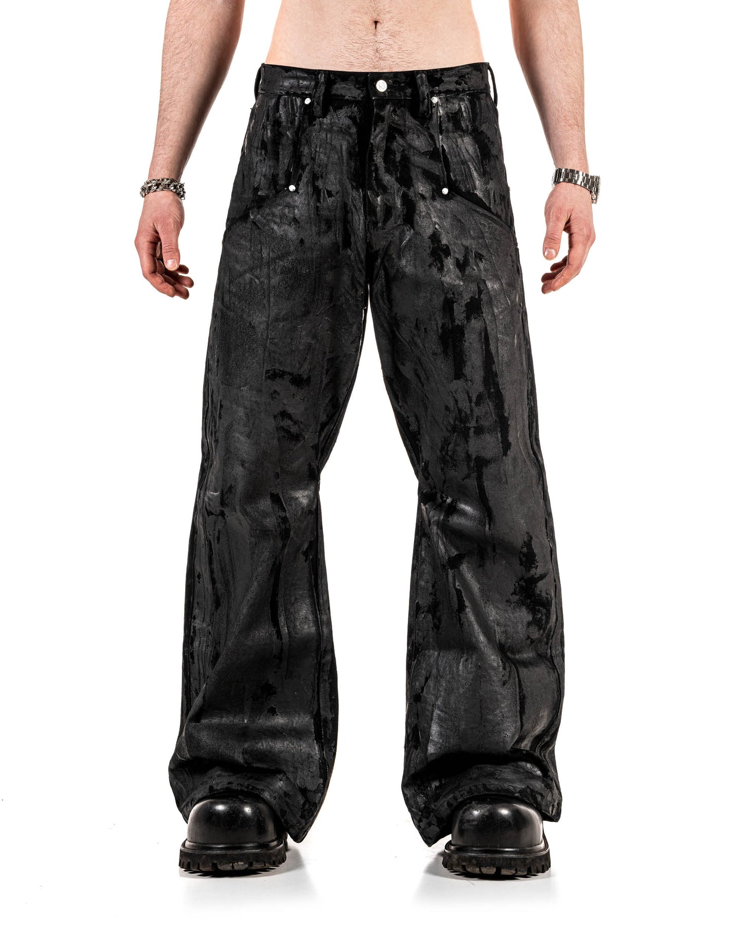 WAXED STUDDED FLARED JEANS